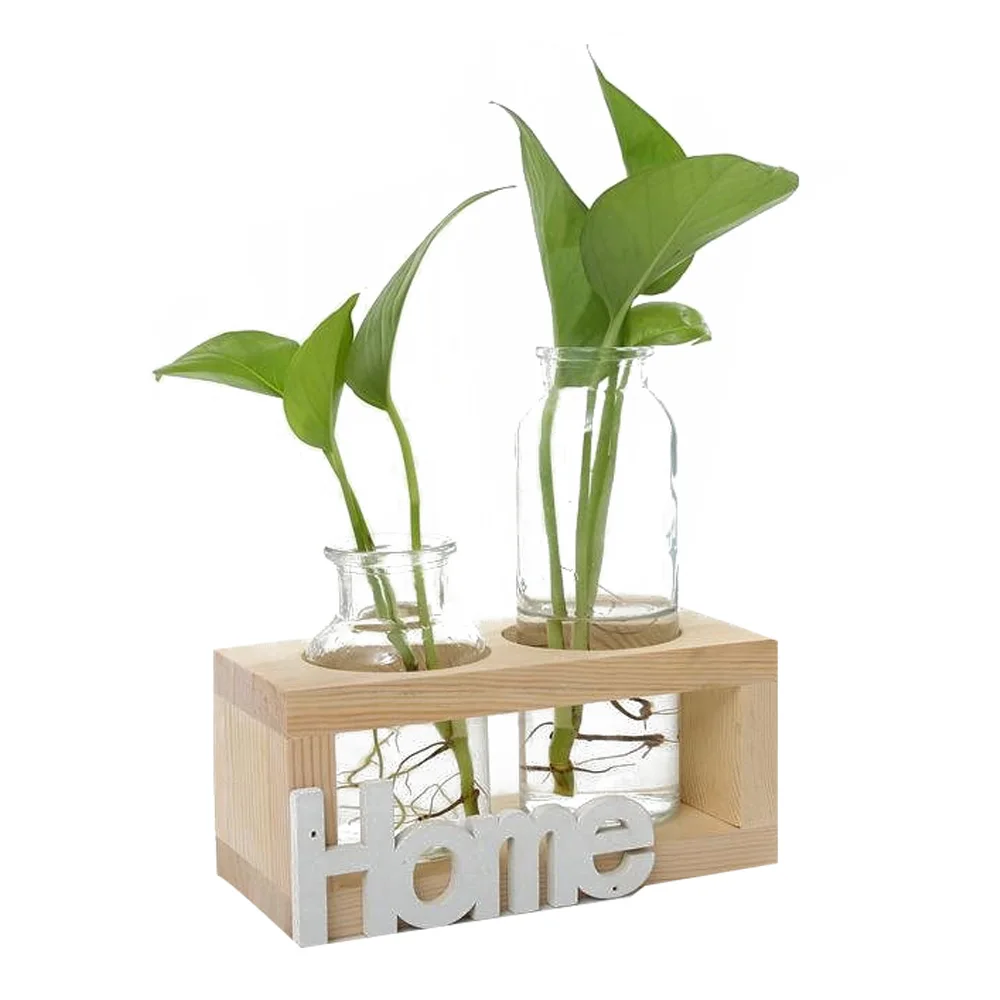 Transparent Vase Glass Desktop Decoration Balcony Outdoor Hydroponic Vase Fashion Wooden Office Micro Hydroponics Bracket