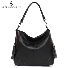 SC Новая женская Повседневная сумка из натуральной кожи, Женская Роскошная сумка-хобо из натуральной кожи, модная сумка-ведро с кисточкой, женский длинный ремень через плечо