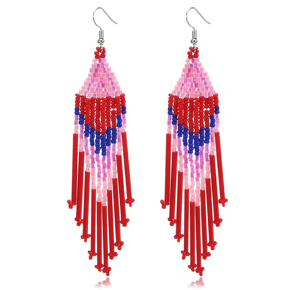 Red beaded 0363 Рождественские серьги в богемном стиле, модные необычные серьги с бахромой, красные длинные серьги с кисточками, женские массивные ювелирные изделия, подарок - Окраска металла: Red beaded 0363
