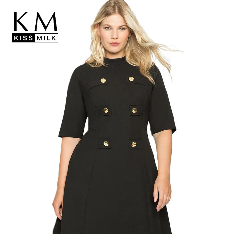 Koop Kissmilk Grote Maat Metal Double Breasted Decoratieve Half Hoge Kraag Vijf Point Mouwen Taille A lijn Bohemian Retro trend Jurk