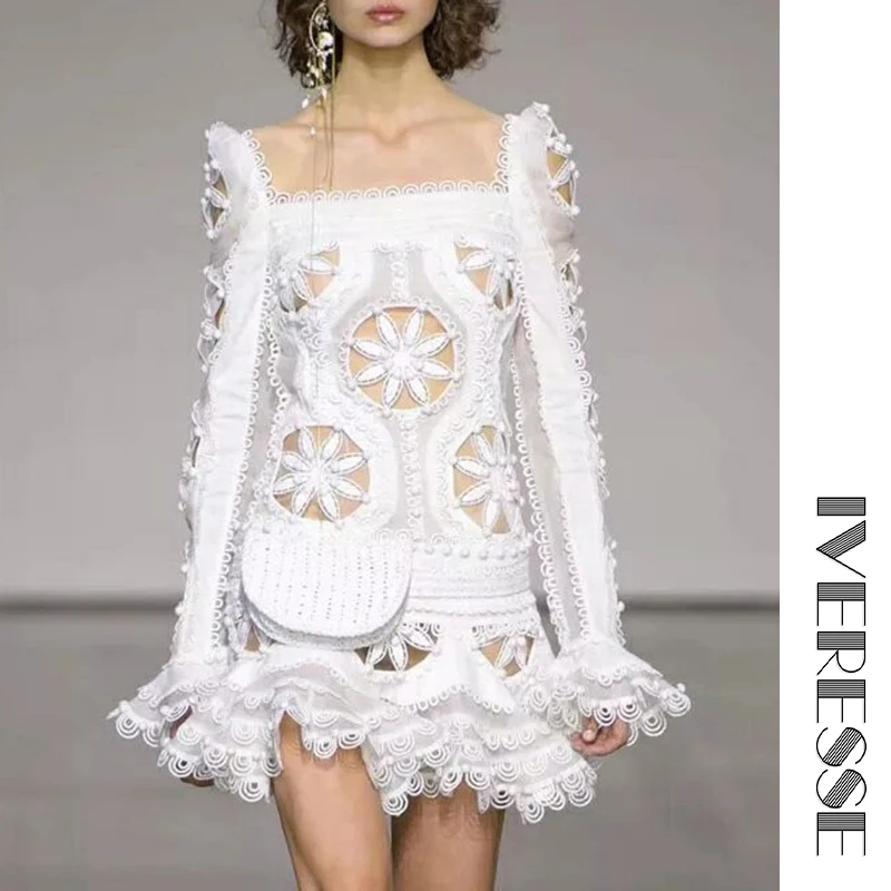 

IVRESSE White Lace Embroidery Short Ruffle Mermaid Dress Women Square Collar Winter Mini Elegant Pleated Hollow Out Vestidos