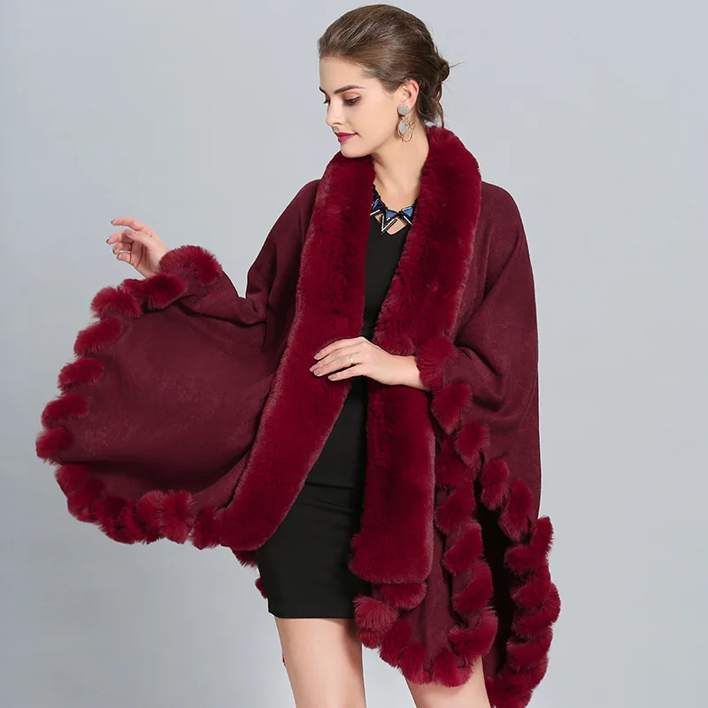Зимний вязаный свитер большой искусственный Лисий меховой для шеи кардиган пончо накидка теплое плотное пальто Женская Повседневная Свободная шаль поддельный кашемировый плащ - Цвет: Purplish red
