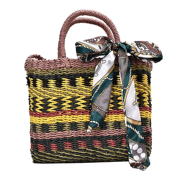 

FGGS-Color Weave Women Straw Bag, Multicolor Woven Shopping Bag, Straw Beach Bag, Shoulder Bag, Tote Bag