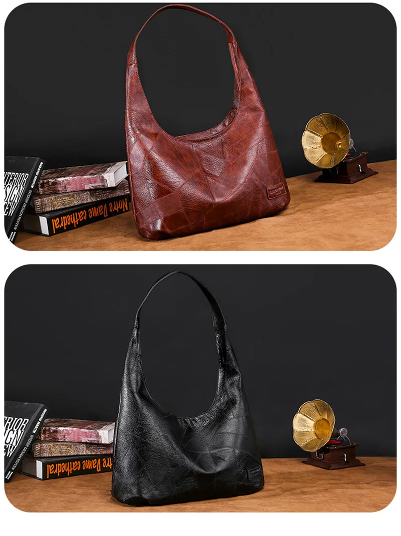 Vintage Women Hobos Bag Large Female Shoulder Bags Casual Soft Patchwork PU Leather Big Ladies Bags High Quality Luxury Handbags