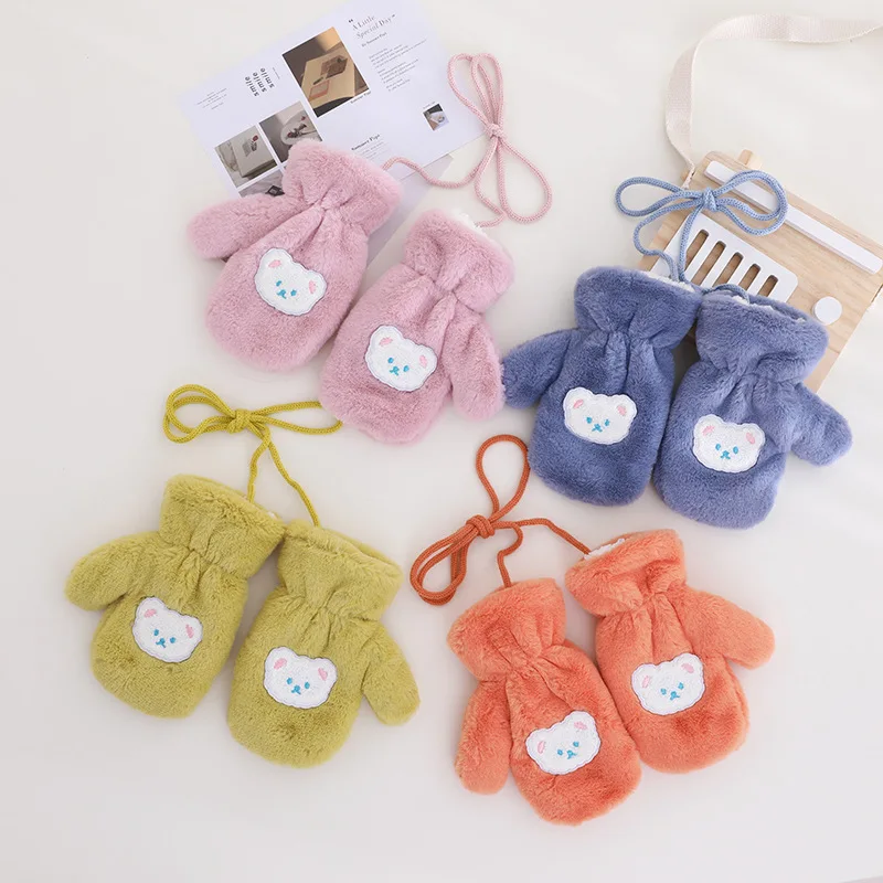 Winter Warm Baby Gloves Thick Soft Plush Cartoon Bear Kids Mittens For Baby Girl Boy Solid Color Full Finger Children Gloves