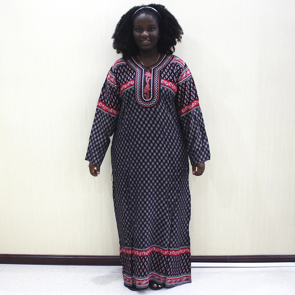 Dashikiage вышивка аппликация точка Свободное длинное платье для женщин с длинным рукавом Винтаж Макси платья - Цвет: Красный