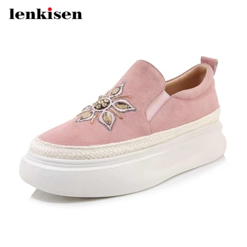 

Lenkisen sheep suede handmade maiden thick bottom wedges waterproof sneaker round toe slip on rhinestone vulcanized shoes L79