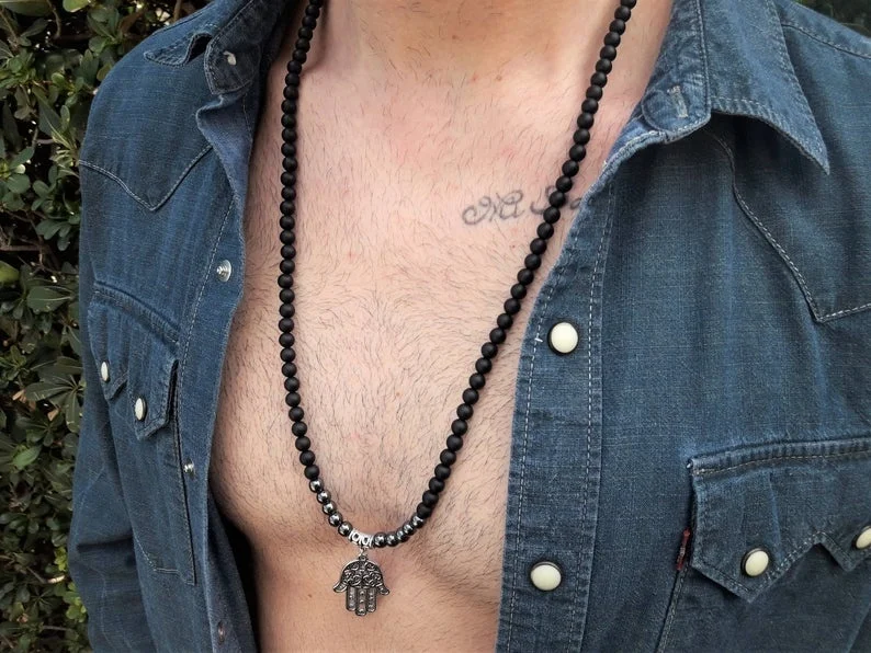 Mens Beaded Necklace*black Onyx 