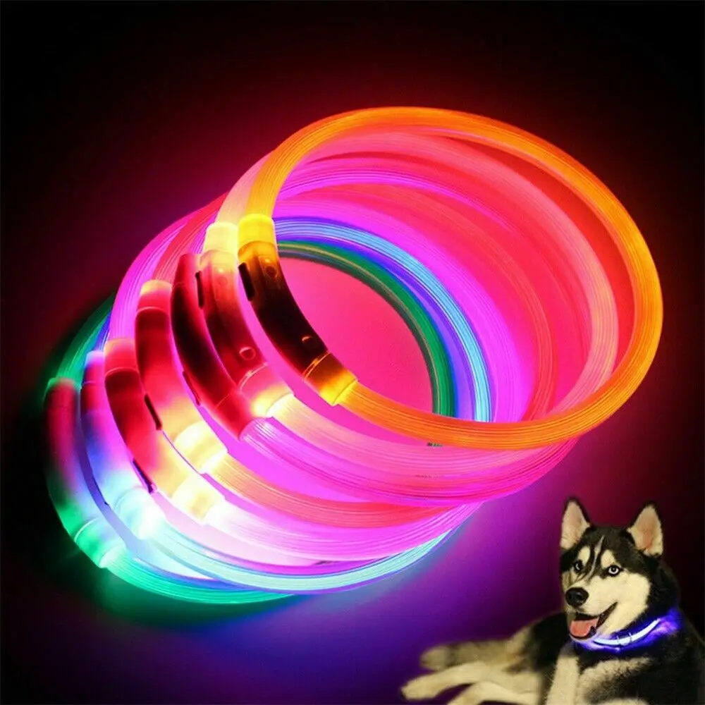 

LED Lighted Silicone Dog Collar USB Charge Adjustable Cuttable Neck Ring Safety Night Glowing Waterproof Multicolor