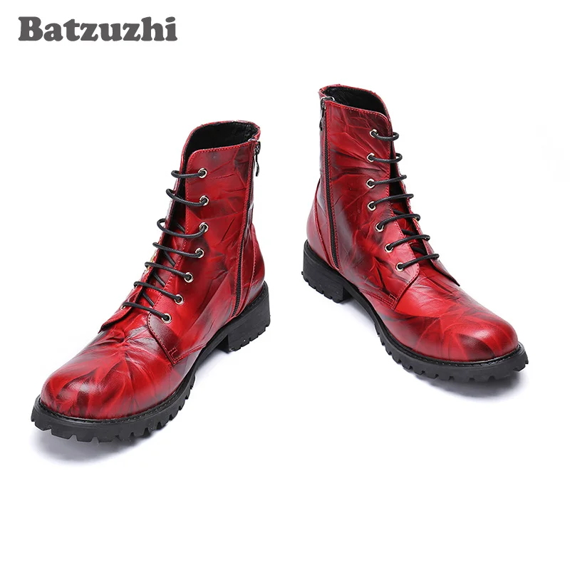 Batzuzhi/кожаные мужские ботинки в байкерском стиле; модные мужские ботинки с круглым носком; botas hombre; Подиумные вечерние короткие ботинки