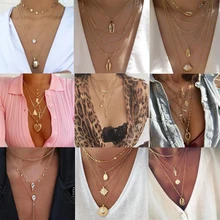 Tocona Bohemia Gold Color Pendant Necklace Women Hollow Virgin Mary Cross Shell Moon Star Eyes Chain Choker Jewelry Wholesale