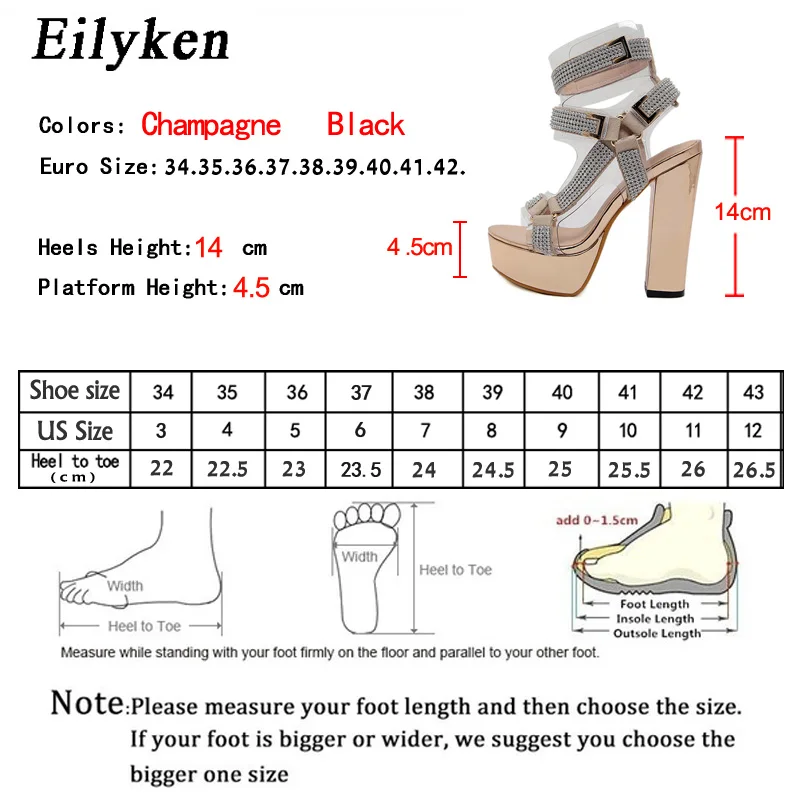 Eilyken Fashion Platform Crystal Ankle Transparent Strap Women Sandals Summer Open Toed Metal Buckle Nightclub High Heels Shoes