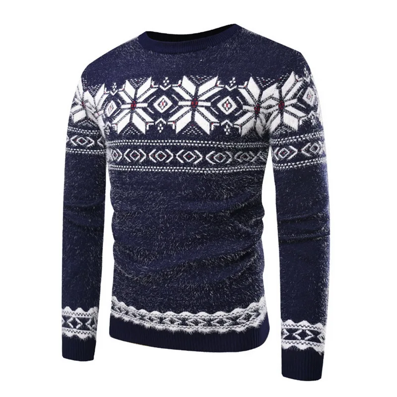 Мужской свитер, приталенный вязаный пуловер, свитера с рождественским узором, весна-осень, свитер с круглым вырезом, топы с длинным рукавом