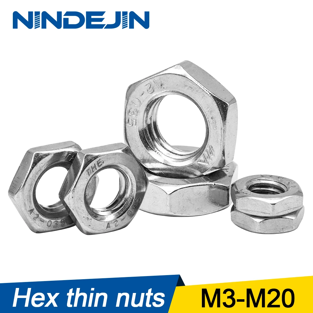 Тонкие шестигранные гайки NINDEJIN нержавеющая сталь 304 M3 M4 M5 M6 M8 M10 M12 M14 M16 M18 M20 тонкие