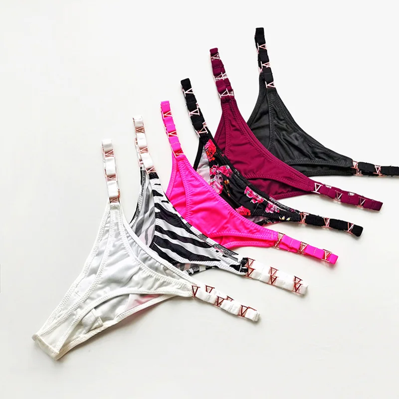 Women Underwear Sexy Thong Briefs Seamless Panties Zebra Flower Luxury Low Rise Metal Buckle G String Bikini