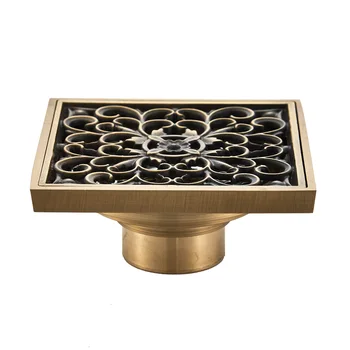 

Classical Bronze Floor Drain Bathroom Retro Carved Four Square Water 10cm Antique Copper Deodorant Pattern Engraving Floor Drain