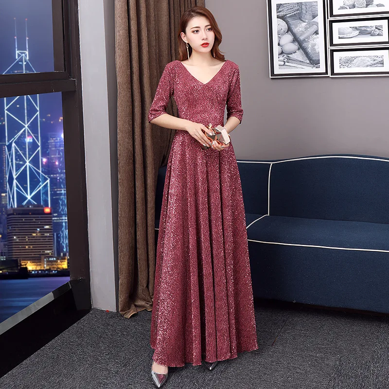 

Formal Evening Gowns Burgundy Sequins A Line Party Dresses 2020 Double V-Neck Half Sleeve Women Zipper Vestidos De Longo K243
