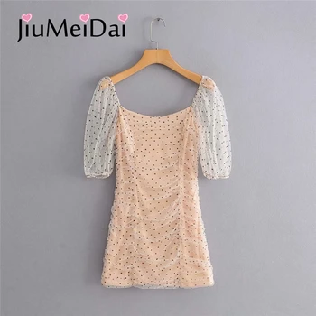 

JiuMeiDai Square Collar Sexy Vintage Dot Print Chiffon Dress Female Mesh Short Sleeves Elegant Ladies High Quality Mini Dresses
