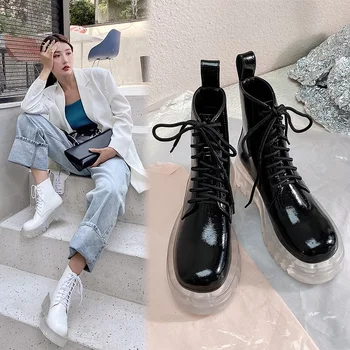 

Lace Up Genuine Leather Ladies Boots Platforms Thick Heels Pumps Shoes For Women Fashion Party Shoes Woman