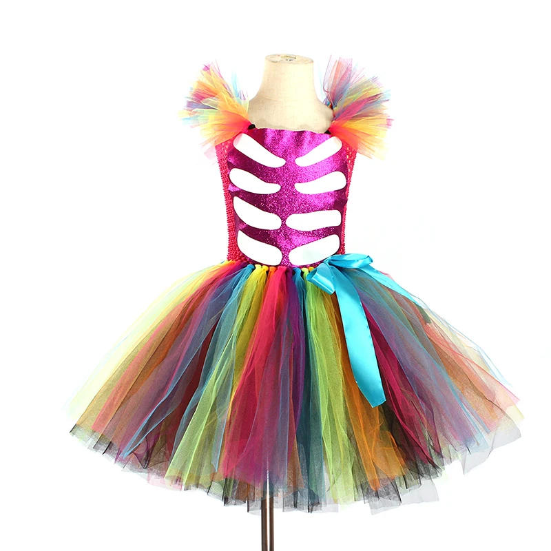 Day of the Dead Girl Skeleton Fancy Tutu Dress Halloween Dress Up Party Kids Baby Costume Funky Punk Bones Tutu Dress for Girls (11)