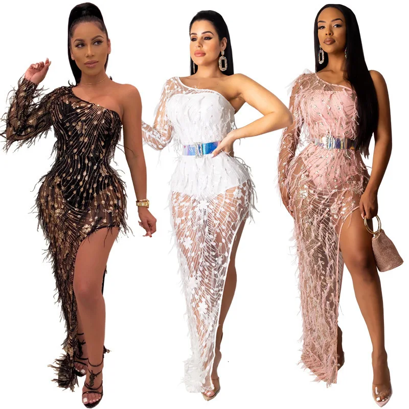 

long Sexy see through Ostrich Hair sequin dress one shoulder fashion dresses woman party night vestidos ropa mujer maxi dress