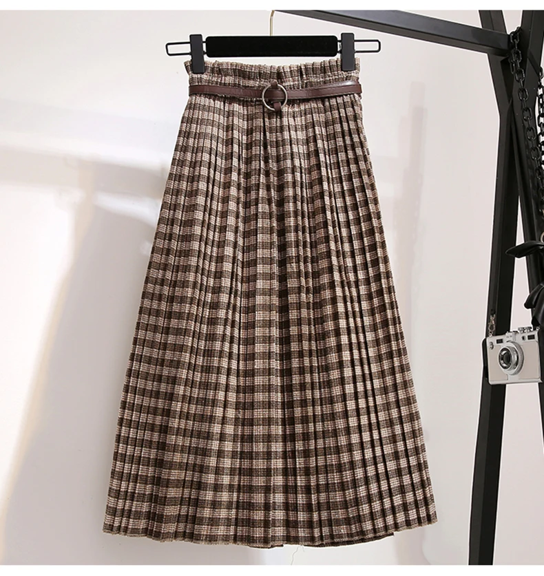 Plus Size 3XL Autumn Winter Women Wool Skirts Plaid Mid Skirts 2019 Casual Loose Ladies Office Skirts Elastic Waist Sashes (1)