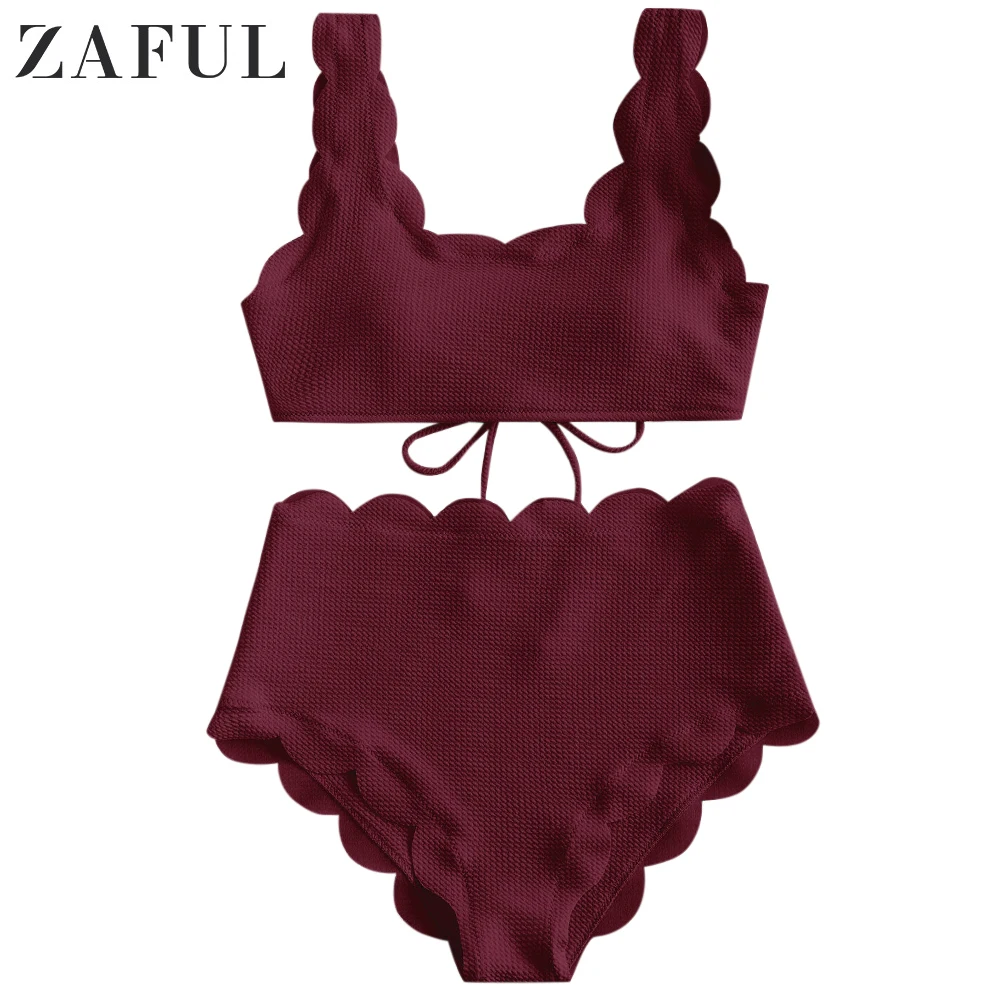 Комплект бикини на бретелях с зубчатой текстурой ZAFUL - Цвет: Red Wine