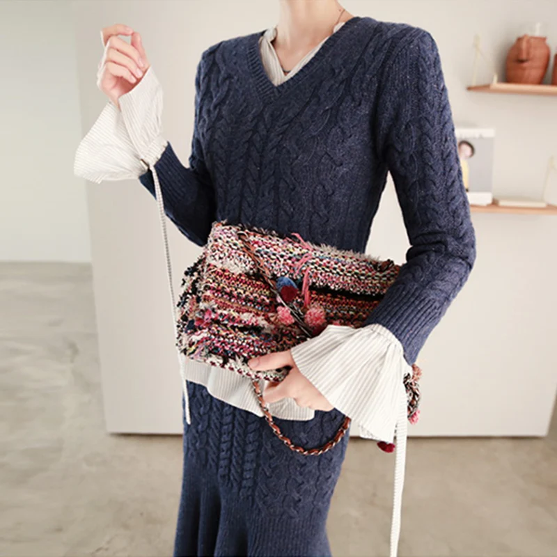 HAMALIEL корейский модный свитер комплект из 2 частей; сезон осень-зима розовый вязаный кардиган с V образным вырезом пуловеры+ миди оборками облегающий покрой «рыбий хвост», комплект с юбкой - Цвет: picture color