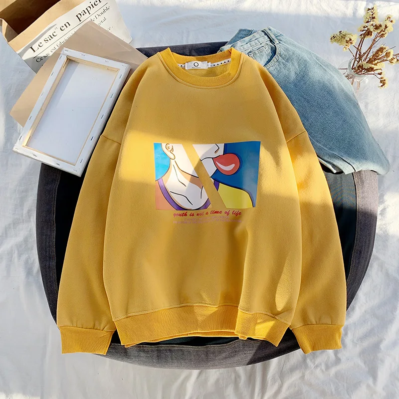 Privathinker новые Парные толстовки с принтом женские пуловеры 4 цвета свободные толстовки женские осенние модные корейские топы с круглым вырезом - Цвет: Yellow(AsianSize)