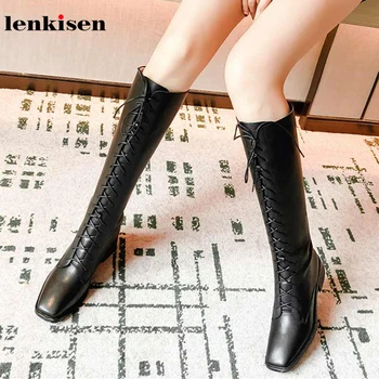 

Lenkisen genuine leather classic handsome lace up square toe med heels fashion Zip winter keep warm women thigh high boots L38