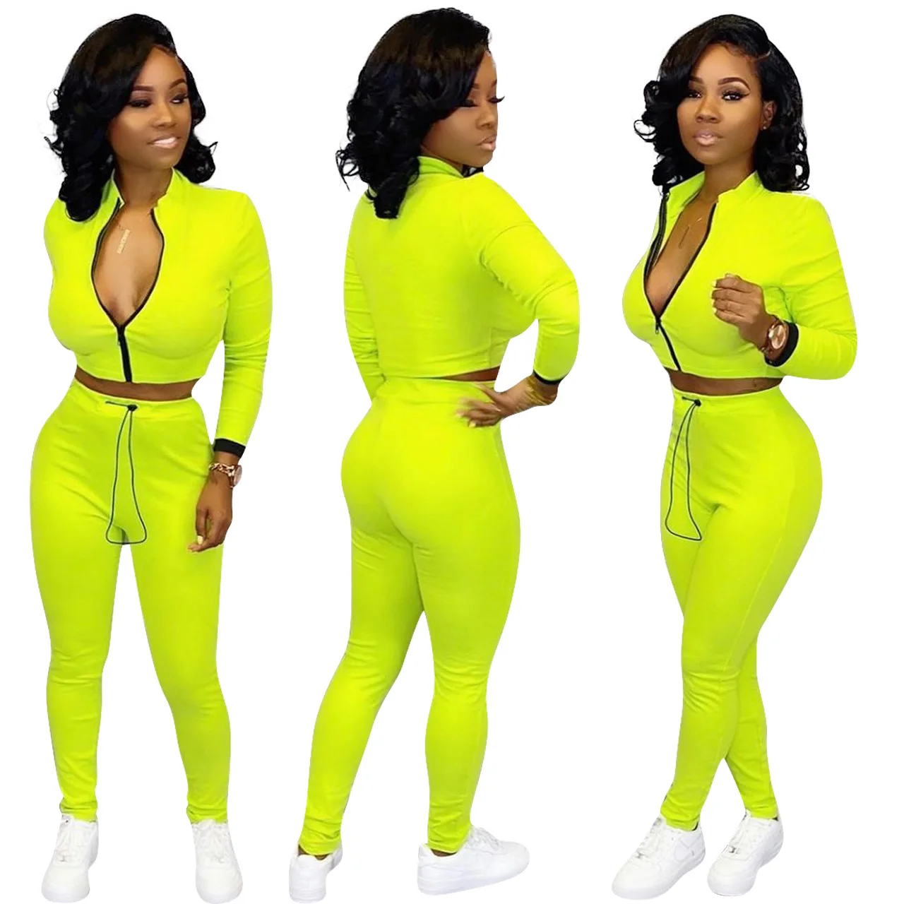 Neon-green QILI для женщин с длинным рукавом комплект из двух предметов комбинезоны неоновый зеленый черный синий молния топ и брюки 2 шт. наряды Модный комбинезон - Цвет: Neon-green