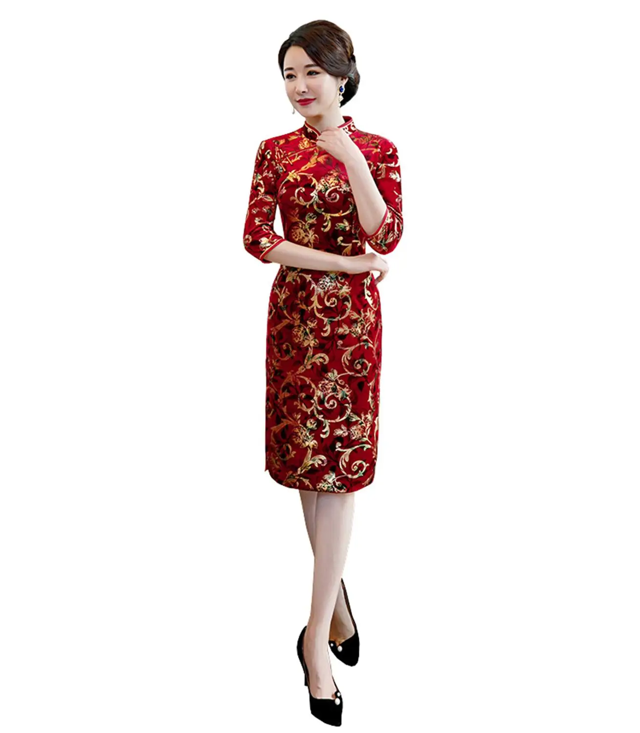 Шанхай история Половина рукава китайское традиционное платье Cheongsam Цветочная вышивка бархат Qipao китайское женское платье 3 цвета - Цвет: Красный