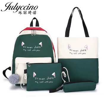 

JULYCCINO New Women School Bag Canvas Waterproof Backpack 4 piece set Teenage Girls School Bag Bagpack Female Children Rucksack