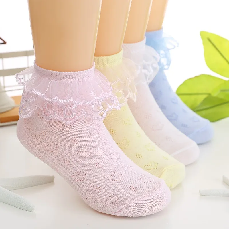 

4 pairs / lot 2024 Spring&Summer Girls Socks Candy Colors Cotton&Nylon Lace children Socks 1-15 Year Kids Socks for Girls