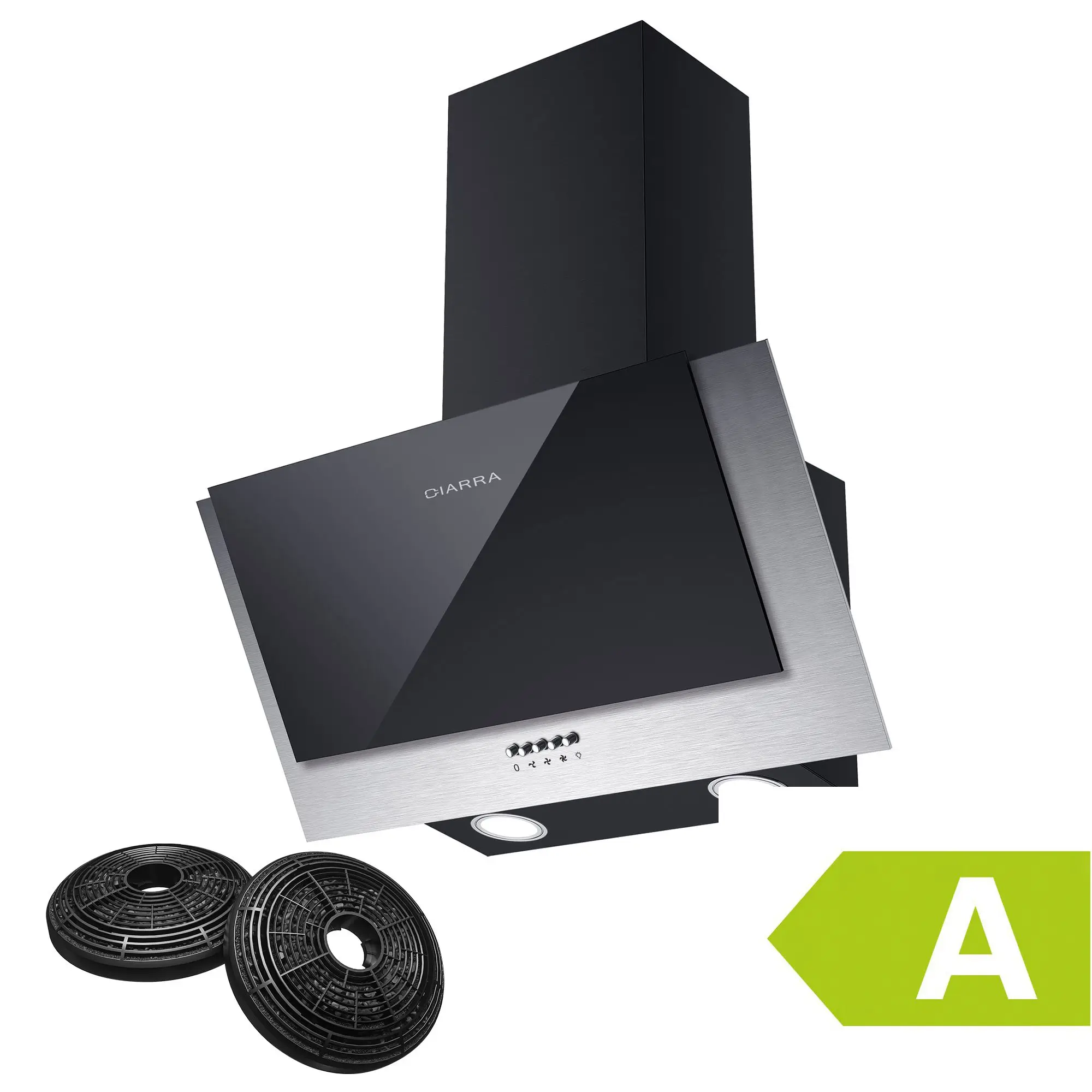 CIARRA CBCB6736C Campana extractora en ángulo 60cm Luces LED y campanas extractoras de cocina de vidrio templado de acero inoxidable Negro [Clase energética A]