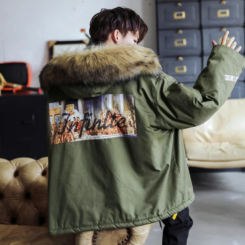 Men's winter casual street jacket coat trend warm coat new men's printing padded cotton clothes winter windbreaker jacket - Цвет: green