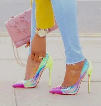 

Sexy Iridescent PVC Women Pumps Pointed Toe Patent Leather Stiletto Heels Patchwork Wedding Shoes Bride Neon Yellow Heels Pumps