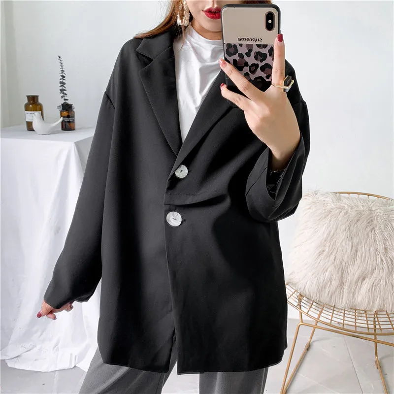 [DEAT] Women Black Solid Color Button Blazer New Lapel Long Sleeve Loose Fit Jacket Fashion Tide Spring Autumn 13E475 - Цвет: black