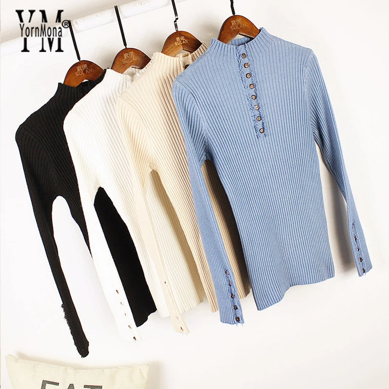 

YornMona Fashion Buttons Sweater Women Turtleneck Solid Autumn Female Knitted Sweater Pullovers Long Sleeve Chic Soft Jumper