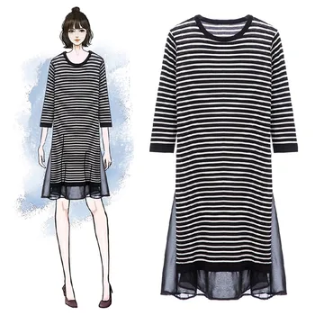 

Real-size Women's Clothes Fat Mm Half-sleeve Chiffon Stitching Fake Two Skirts Hiding Meat Knitted Dress