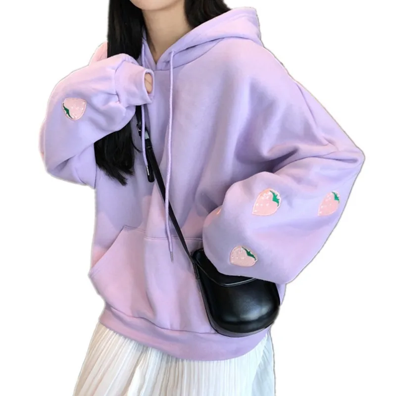 Harajuku Клубничная вышивка Лавандовый розовый толстовки осень зима женские Kawaii