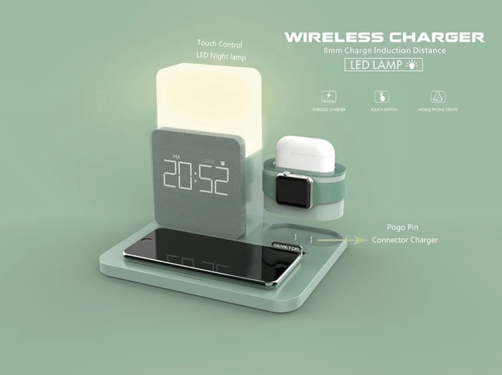 Carregador sem Fio Suporte para Apple Lâmpada de Mesa Multi Função Airpods Pro Iphone 12 Max 12mini 11pro xs xr 8plus Samsung Galaxy S20 S10 s9 Note20 Led Despertador Tempo Carregador Rápido Estação qi Ver 2 Multi função qi carregador sem fio suporte