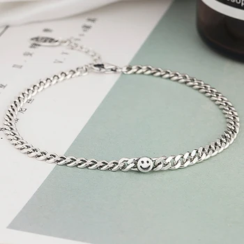 

Fashion Trendy Vintage Engraved Smile Face Thai Sterling Silver Charm Bracelet For Women Korean Tibetan Retro Jewelry Accesorios