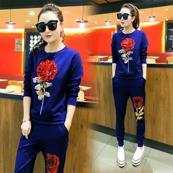 

3D Rose Flower Sequin Two Piece Set Sweatshirts Women Casual Pullovers And Pants 2pcs Tracksuit Female Pink Outfit Sporting Suit