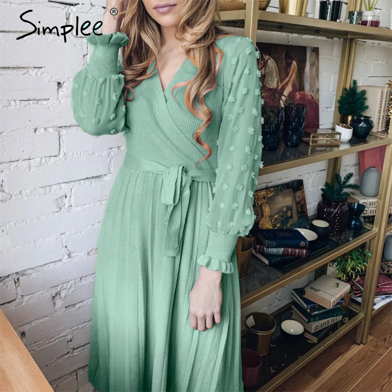 Simplee Elegant women knitted dress Sexy v-neck long sleeve pleated belted female dress Autumn winter sweater slim party dresses Simplee Elegant women knitted dress Sexy v-neck long sleeve pleated belted female dress Autumn winter sweater slim party dresses