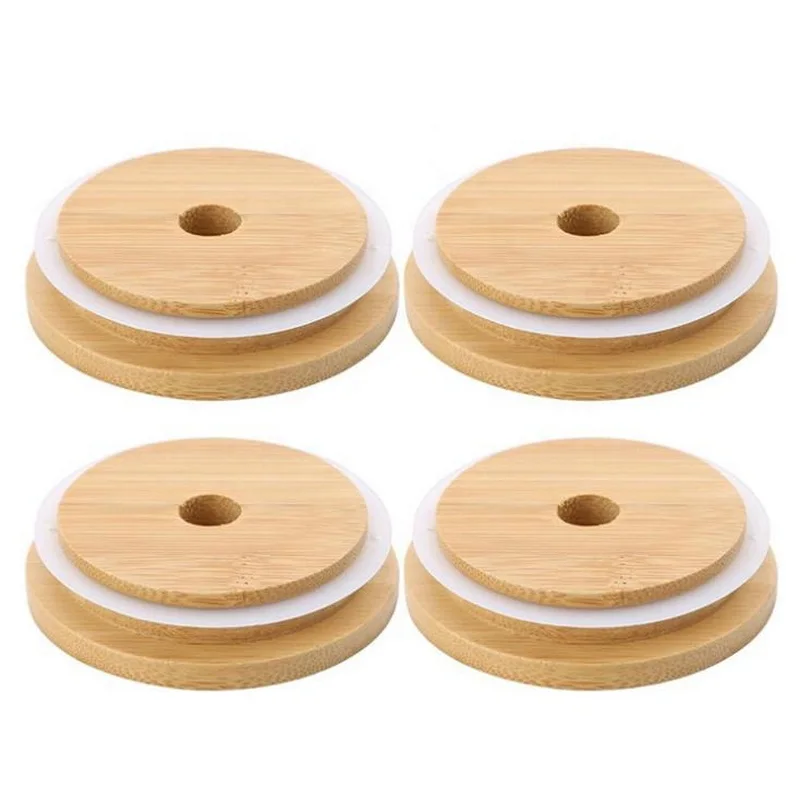 50 PCS Reusable Bamboo Caps Lids With Straw Hole For Mason Jars Drinking Jars Lid 70 MM And 86 MM