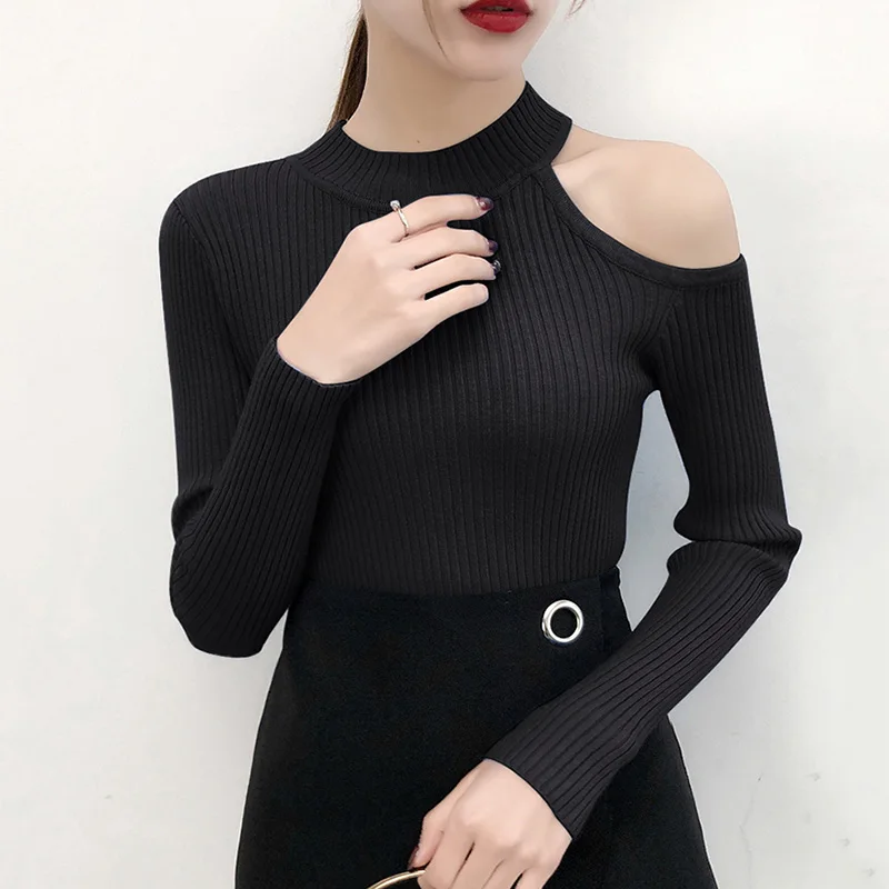 

Turtleneck Off Shoulder Pullovers Sweater For Women Thick Autumn Winter Jumper Sexy Knitted Sweaters Slim Top Black White