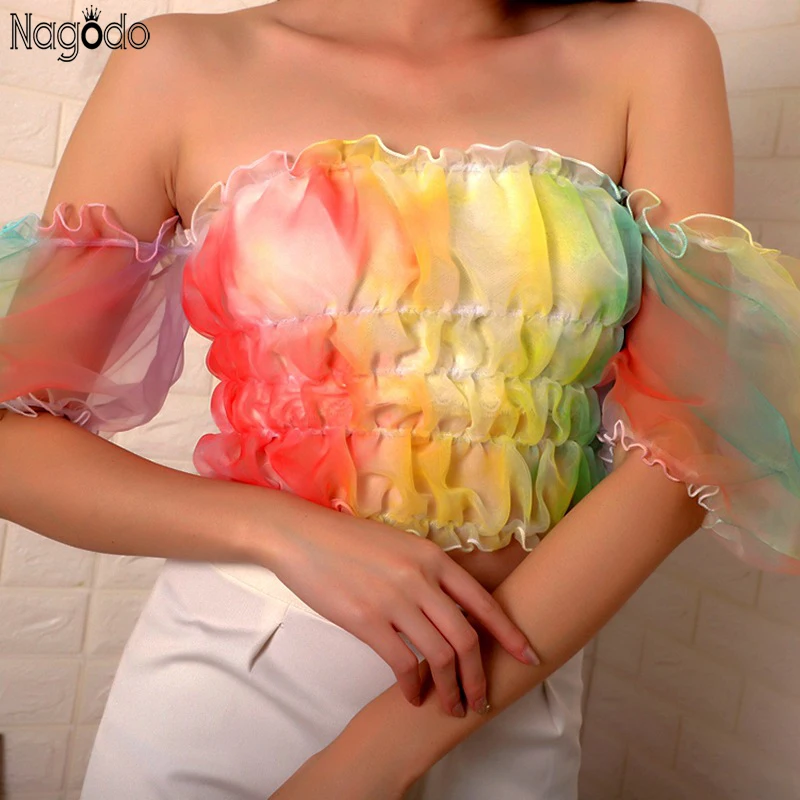 

Nagodo rainbow tee shirt femme 2019 off the shoulder transparent mesh top haut femme puff sleeve Slim t shirt women clothes