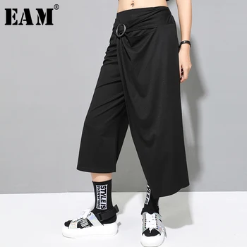 

[EAM] High Elastic Waist Black Irregular Long Wide Leg Trousers New Loose Fit Pants Women Fashion Tide Spring Summer 2020 1U318