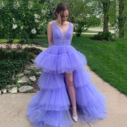 Luxury Lavender Asymmetric Evening Dress Hi-Low Tiered Tulle Prom Gowns V-Neck Party Dress Sexy Evening Dress Vestido De Noche